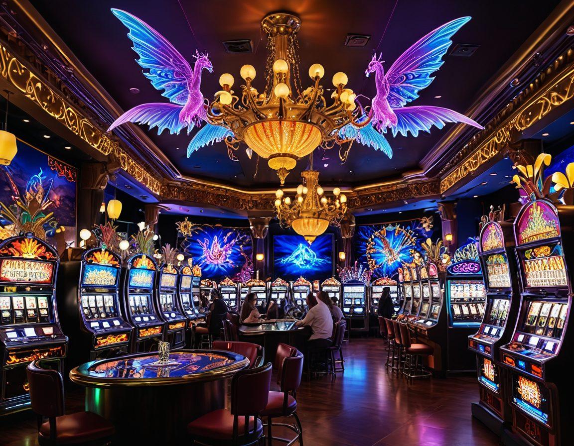A vibrant fantasy casino scene filled with magical creatures like fairies, wizards, and dragons playing card games at glowing tables. Neon lights illuminate an enchanting atmosphere, featuring enchanted slots with mystical symbols and a shimmering chandelier overhead. Add a whimsical backdrop of a fantasy landscape with castles and forests. super-realistic. vibrant colors. magical theme.