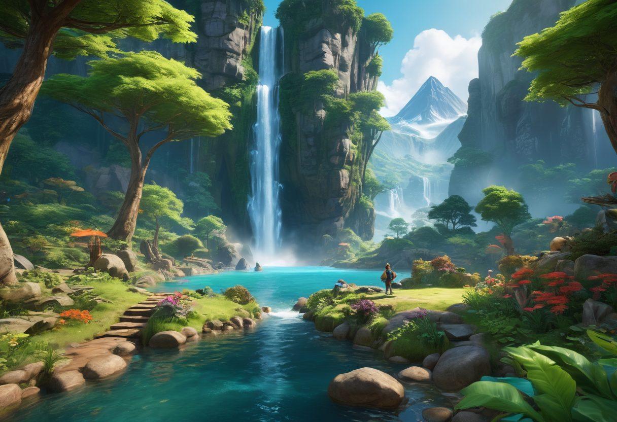 A dynamic scene depicting a vibrant virtual world filled with colorful fantasy landscapes, where players engage in interactive gaming. Show characters collecting treasures and participating in exciting challenges, highlighting the fusion of real money and fantasy adventures. Include elements like glowing coins and game interfaces, with an intriguing sense of immersion. super-realistic. vibrant colors. 3D.