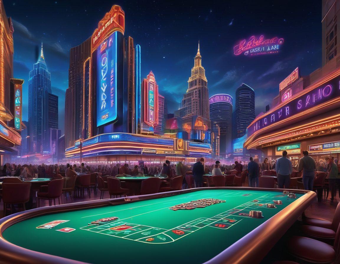 A lively casino scene featuring vibrant neon lights, virtual gaming tables, and ecstatic players enjoying online gambling on their devices. Include elements of excitement like chips flying and cards being dealt in a digital format, set against a backdrop of a sophisticated urban skyline at night. Emphasize the thrill and allure of casino nightlife in a modern context. super-realistic. vibrant colors. nightlife theme.